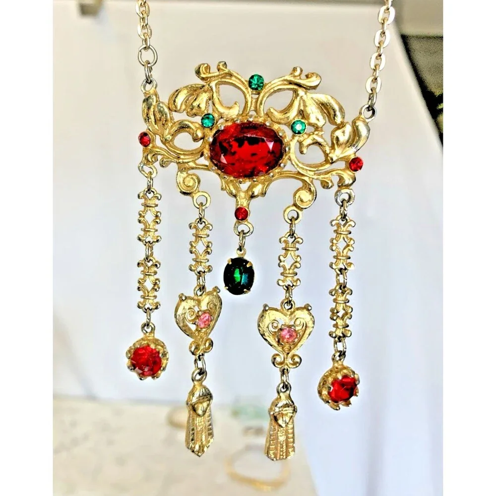 Vintage Lupé Signed Egyptian Revival Necklace Gold Tone Rhinestone Fringe